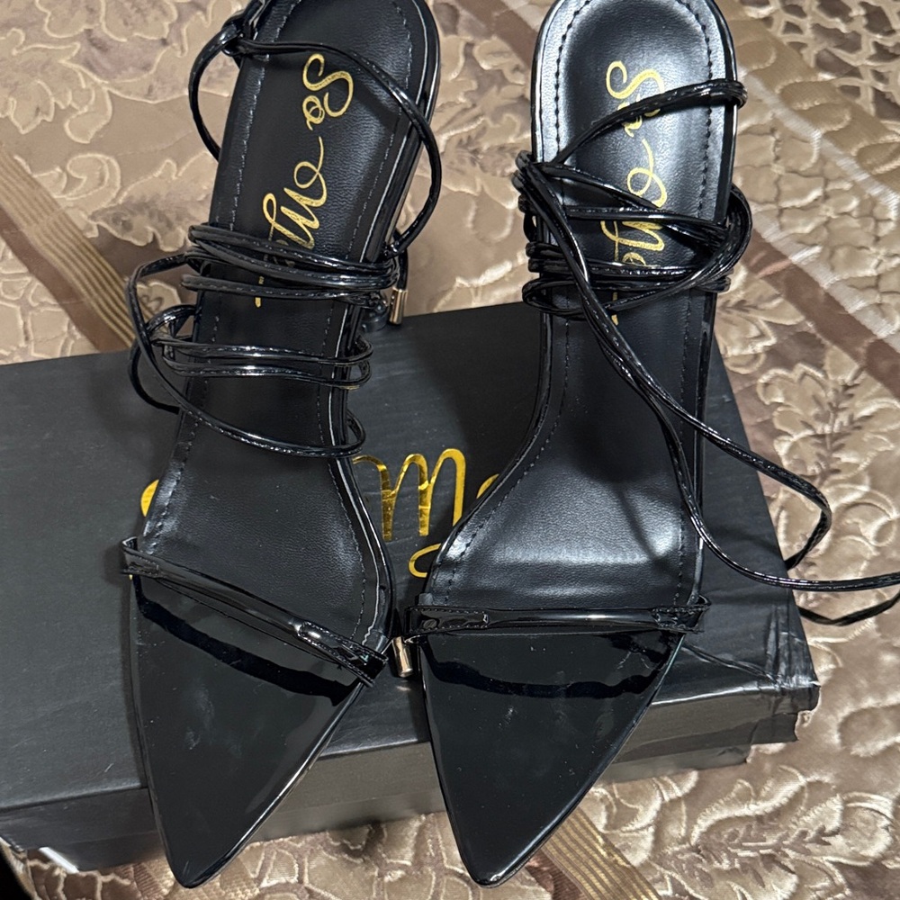So Me Black Patent Strappy Pointed-Toe Lace-Up Heels
